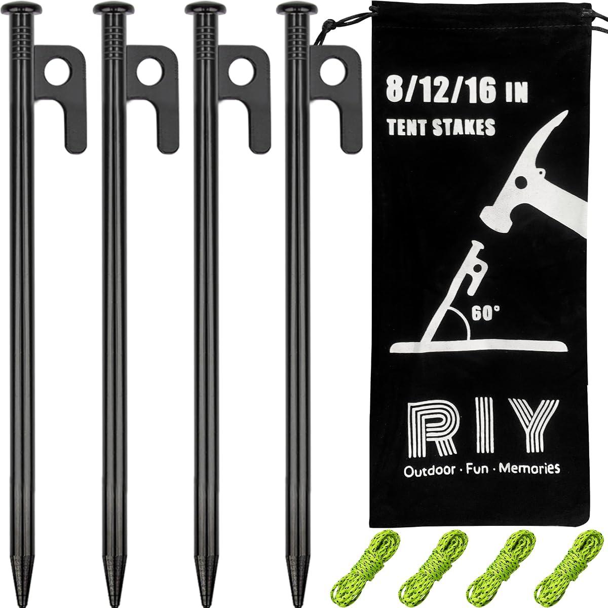 Paquete de 4 estacas para tienda de campaña, estacas de metal resistentes para tienda de campaña, estacas de acero para tienda de campaña, 8 pulgadas, irrompibles e inflexibles, color negro