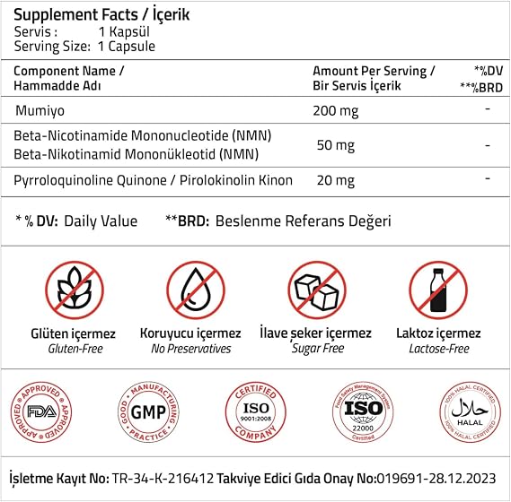Validus NMN 50 mg + Mumiyo 200 mg + PQQ 20 mg 30 Capsules