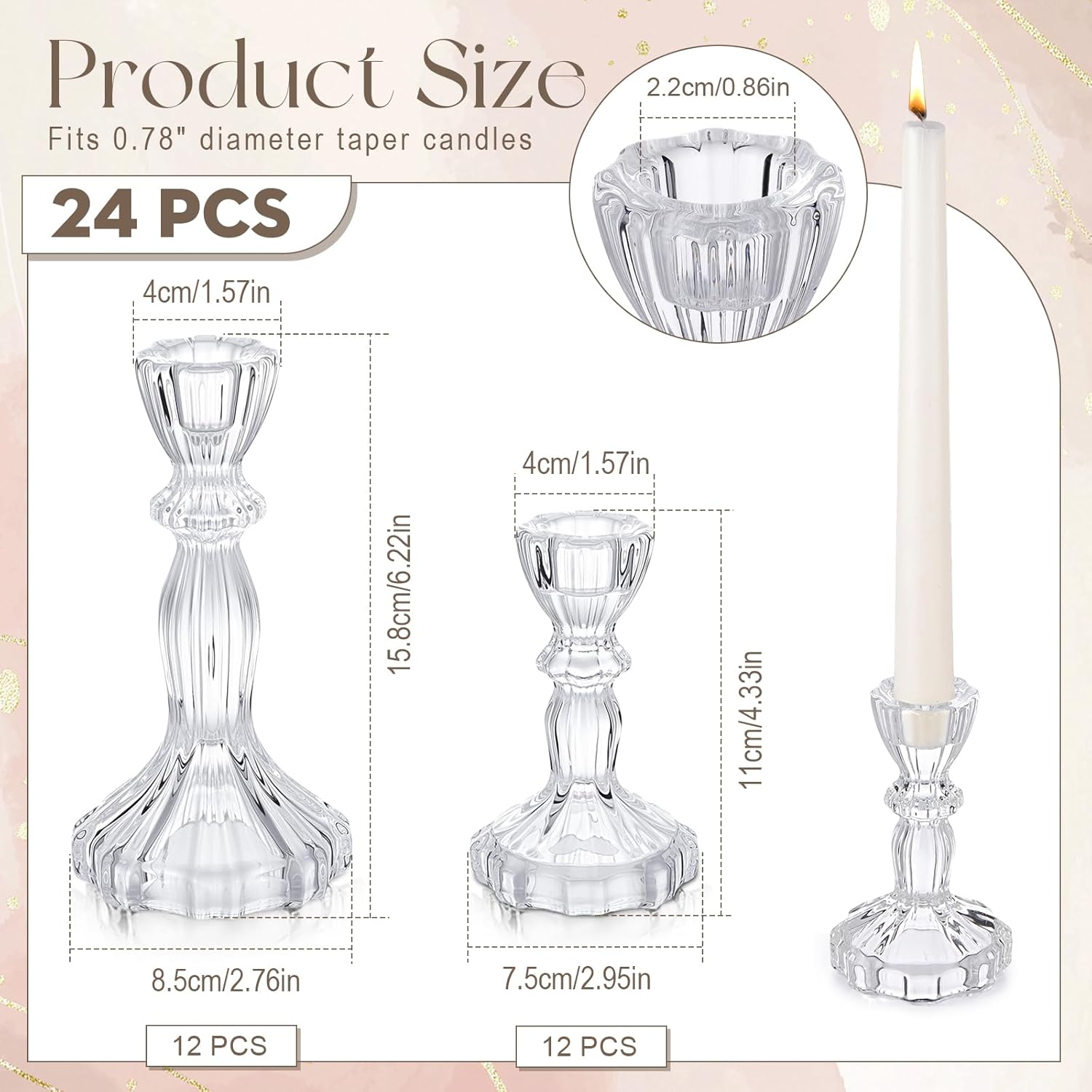 24 Pack Glass Candlestick Holders Set 4.3/6.1'' Taper Stripe Candle Holder Bulk Floral Shape Crystal Decorative Candle Stand Centerpiece for Table Wedding Dining (Clear)
