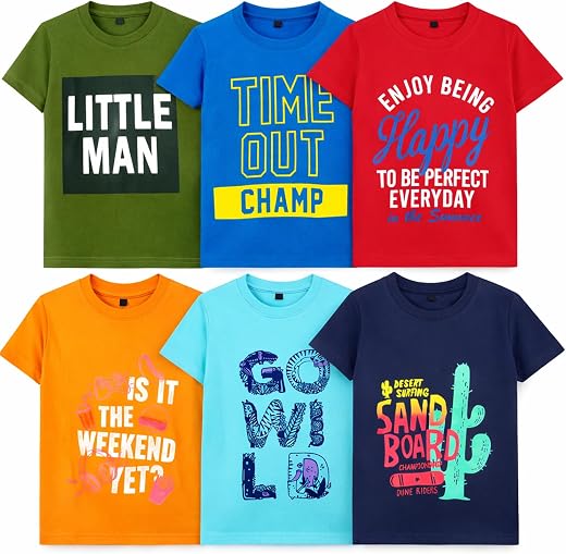 T2F Boy's Cotton Printed Regular Fit T-Shirt (Pack of 6)