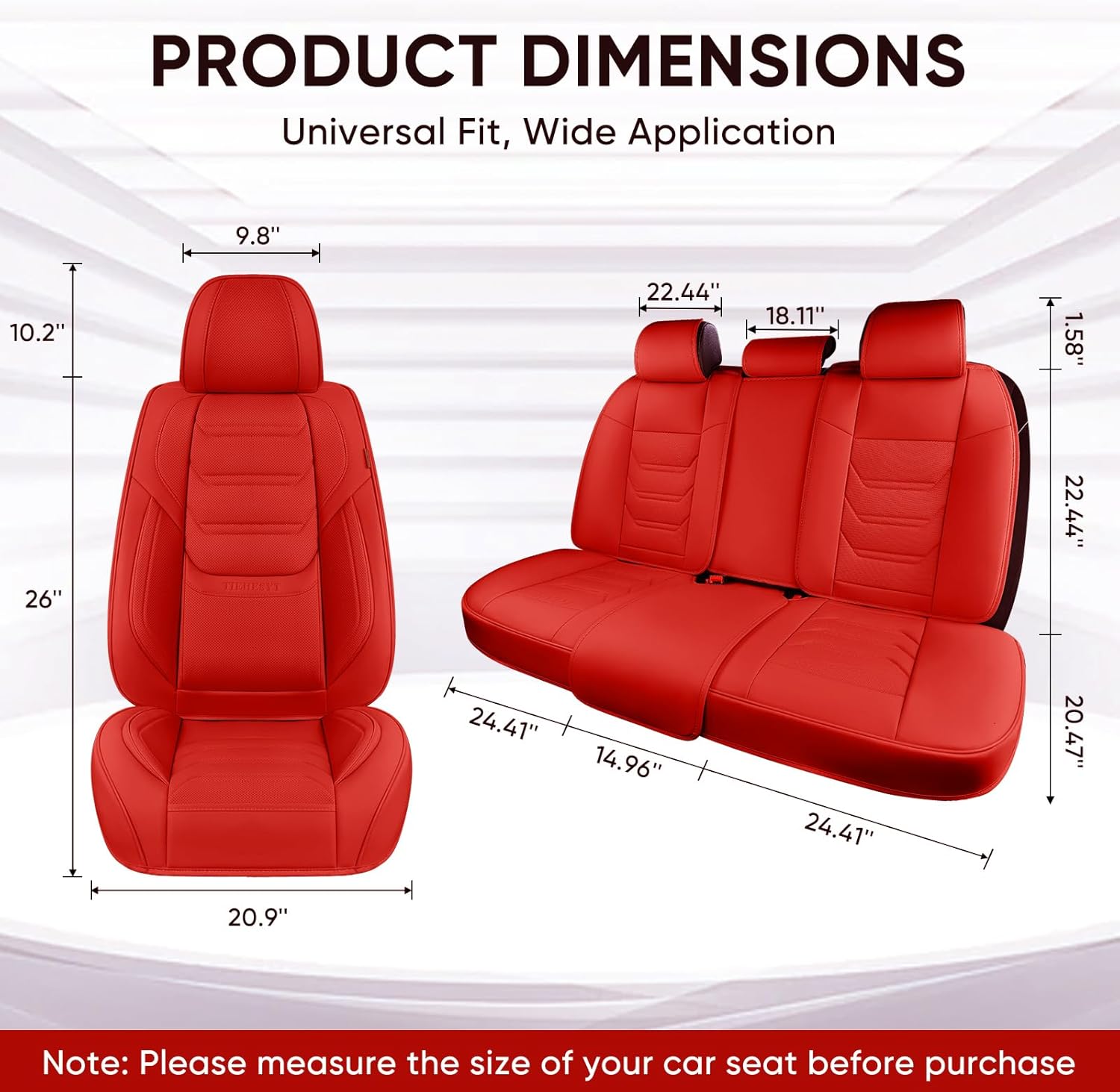 TIEHESYT Leather Car Seat Covers Full Set with Lumbar Support, Waterproof Car Seat Cover, Universal Seat Covers for Cars, Trucks, SUVs, Sedans, Airbag Compatible, Front Pair and Rear, Red