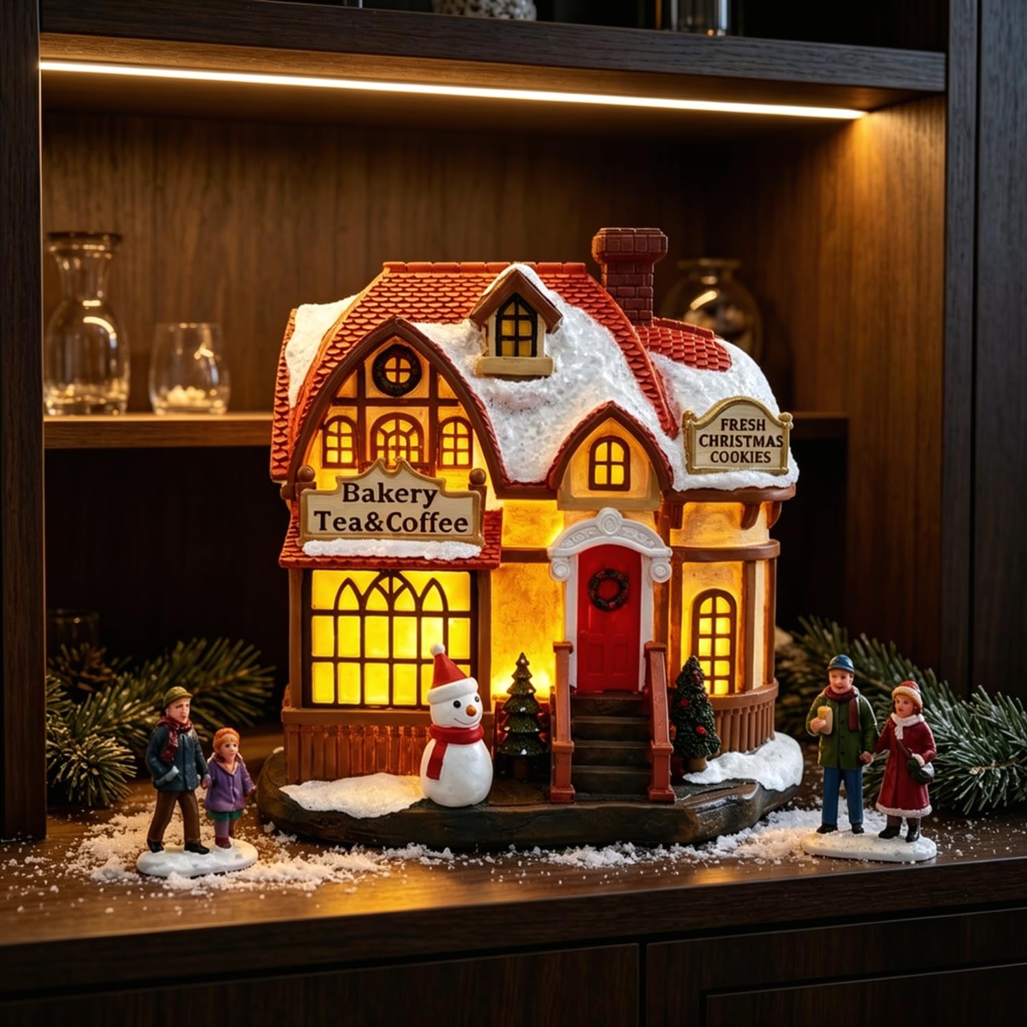 Beleuchtetes Weihnachtsdorfhaus, 16,5 cm, Kunstharz, kleine Weihnachtshäuser, Dorf, batteriebetrieben, Bäckerei für Weihnachtsdekorationen, Tischdekoration
