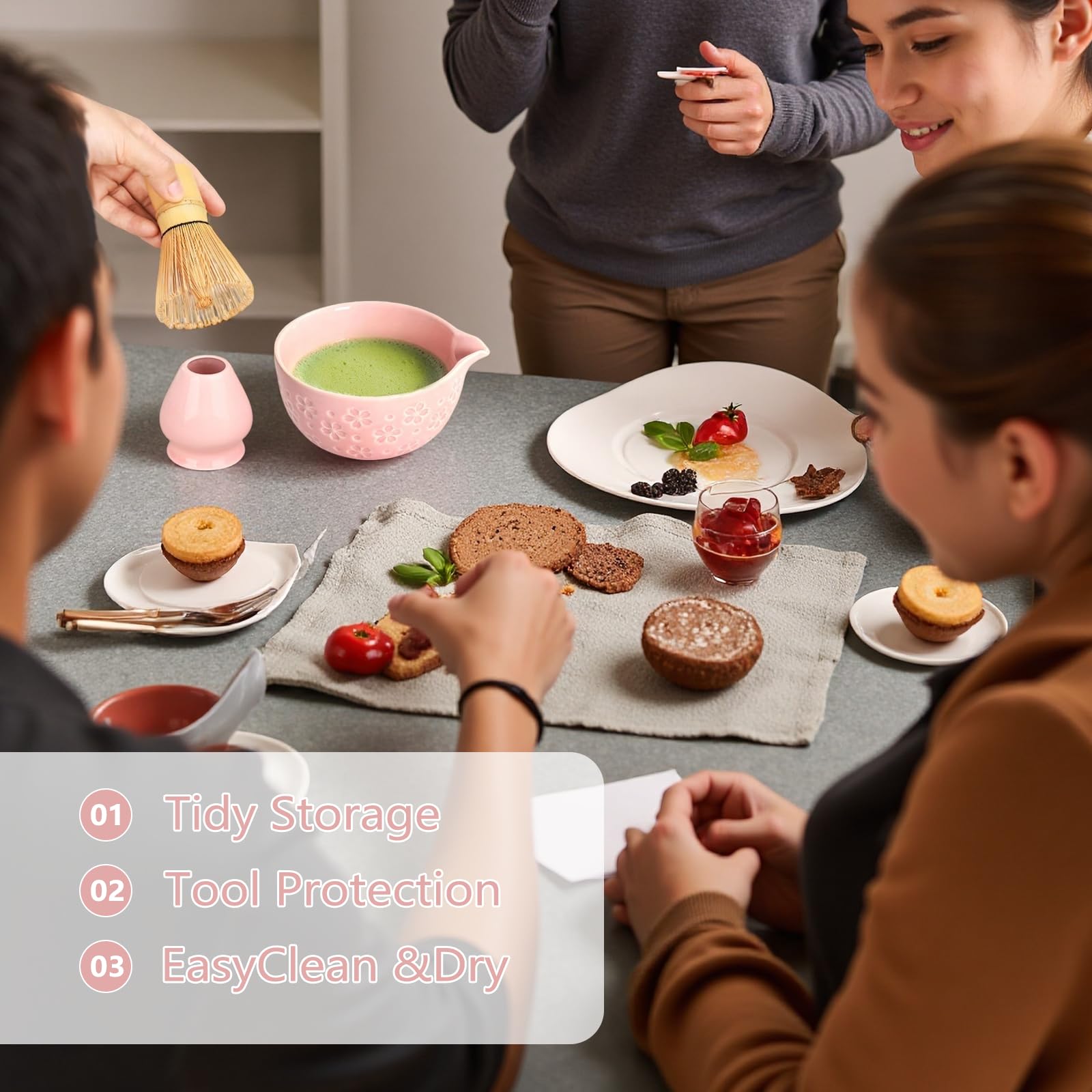 Matcha Set di 8 pezzi Macha Tea con scopa, filtro filtro, ciotola, cucchiaio, tappetino per asciugamano da tè, set regalo per la preparazione tradizionale matcha (verde) (rosa)