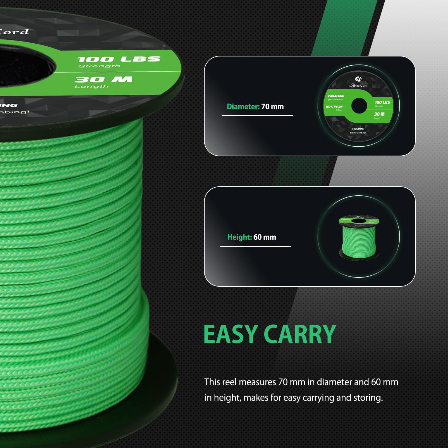 Abma Cord Paracord 100 lbs 2mm 100% Nylon 30M - Green, Solid-green, 30 Meters - Image 2