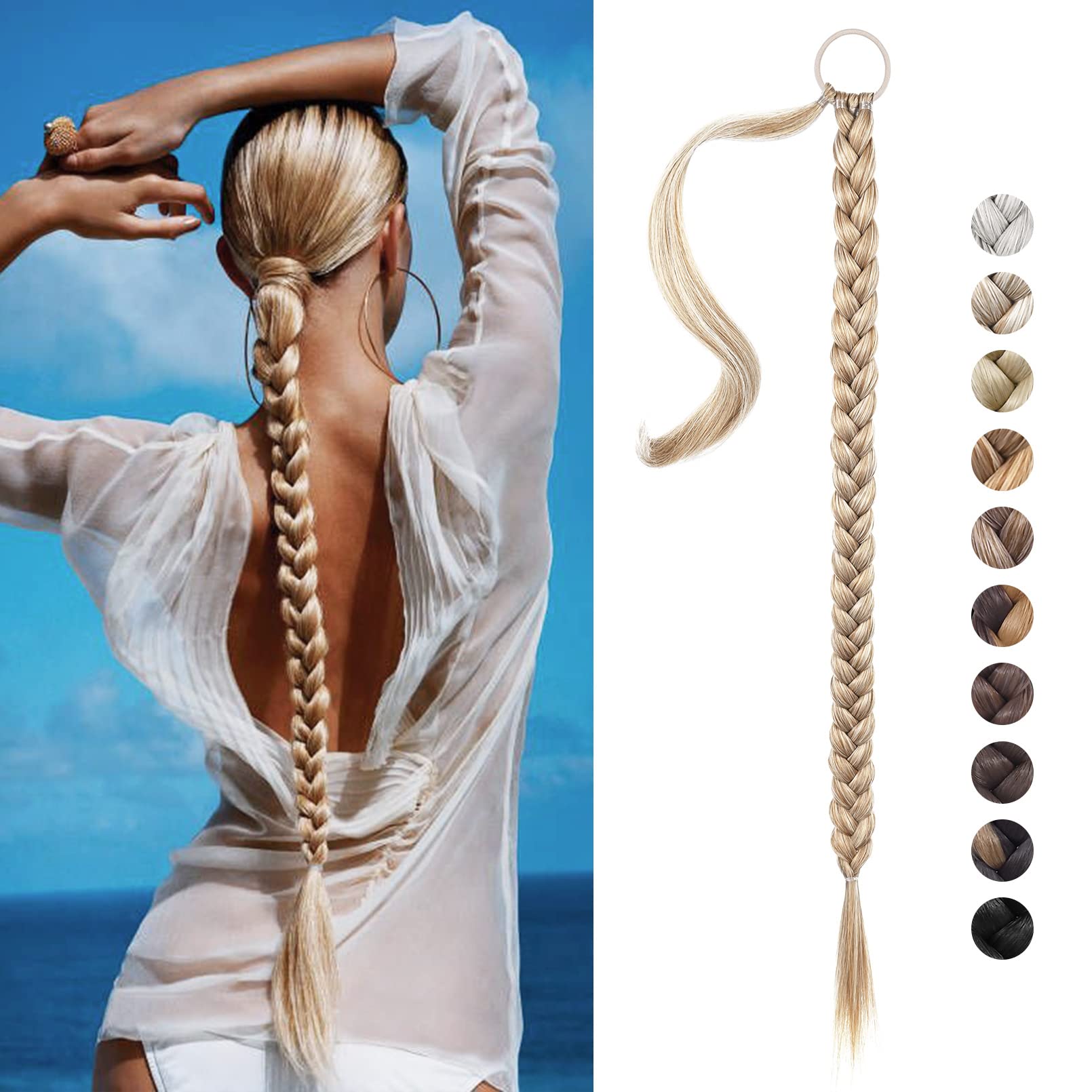 REECHO DIY Braid Ponytail Extension, Long Straight Wrap Around Ponytail Hair Extensions Natural Soft Synthetic Hairpieces for Women - Medium Blonde 160g