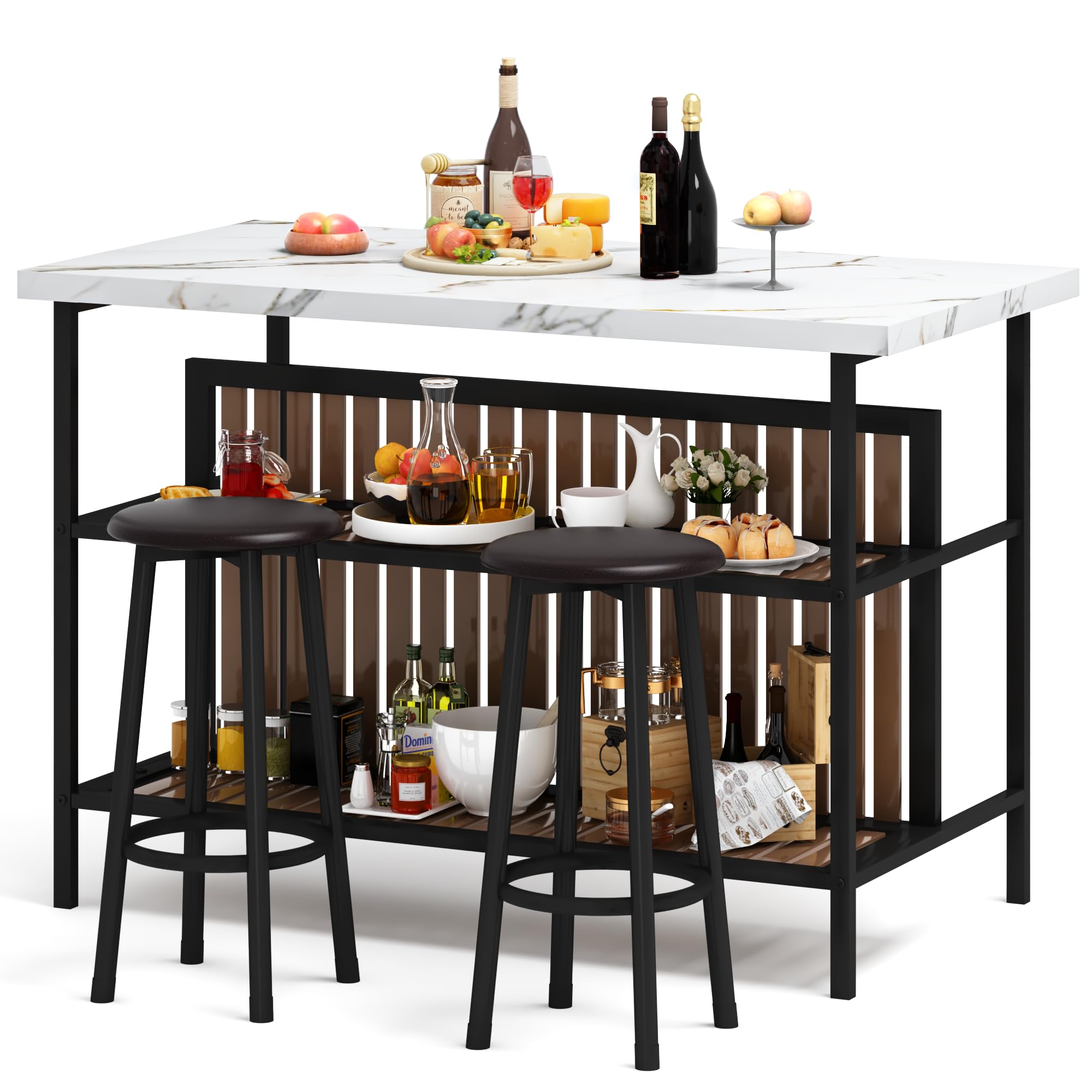 HOOSENG Kitchen Island with Seating Small Dining Table and Chairs Set for 2, Space Saving Breakfast Bar Table and Stools Set with Storage Shelve, White