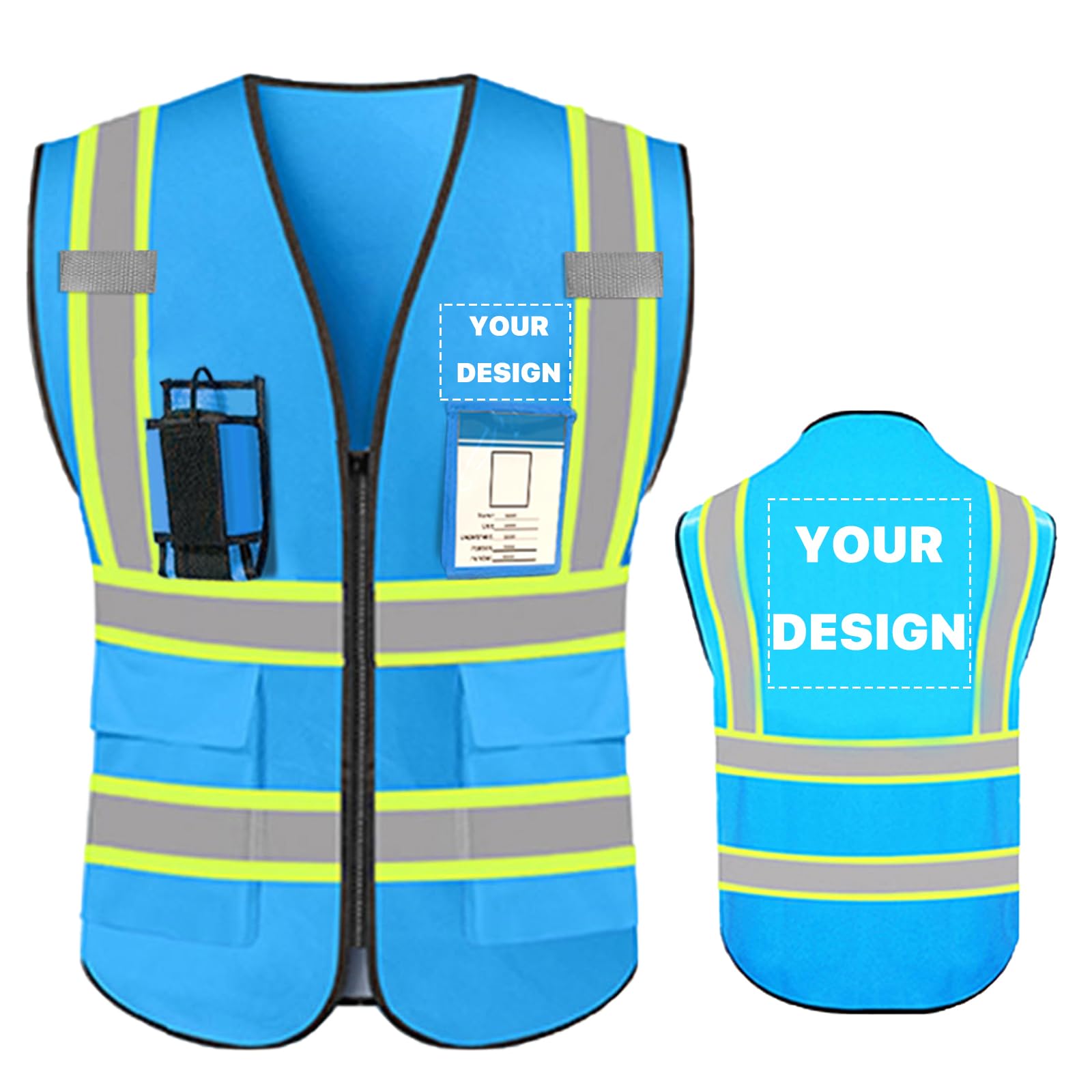 YOWESHOP High Visibility Reflective Safety Vest with Pockets Custom Your Logo Safety Workwear, Blue L