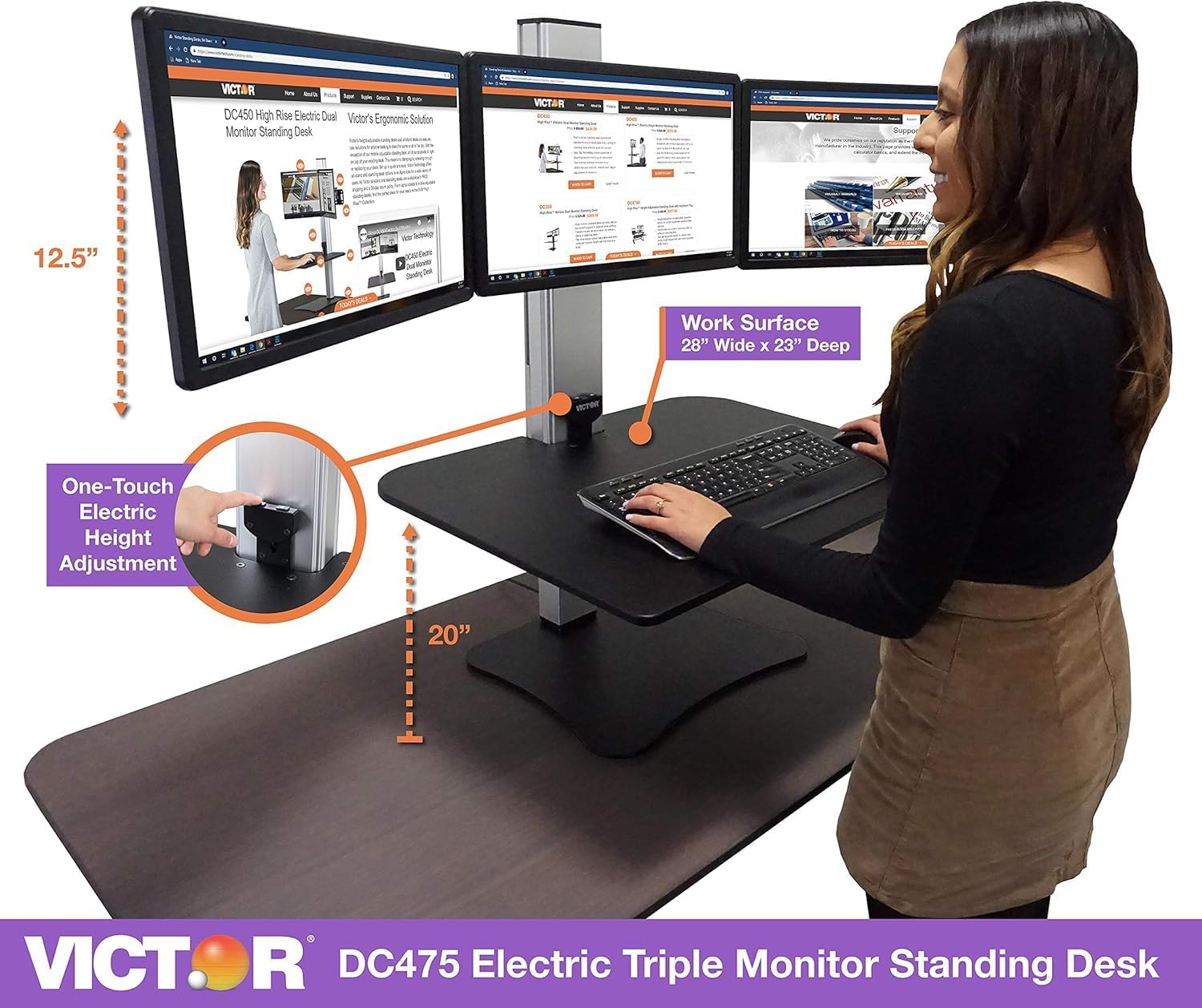 Victor DC475 High Rise Electric Triple Monitor Standing Desk Converter | Three Large Monitor Sit-Stand Desk with Adjustable Holder | 28” Wide Work Surface | Compatible with Any Standard Desks