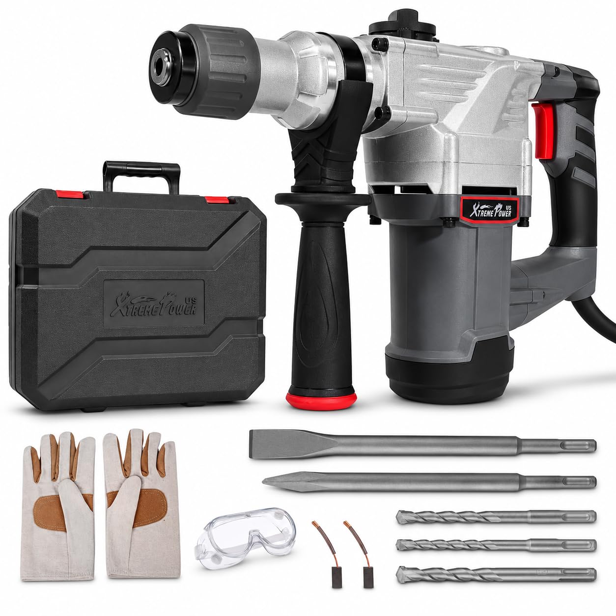 XtremepowerUS 45356 - Taladro de martillo giratorio con brocas y estuche eléctrico de 1-1/4 pulgadas SDS para mampostería de cemento y hormigón