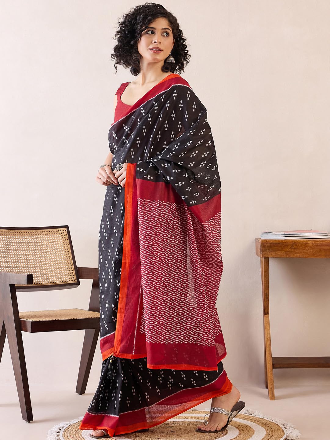 SAREE MALL Women's Black Cotton Bagh Printed Ready To Wear one Minute Saree With Blouse Piece 1