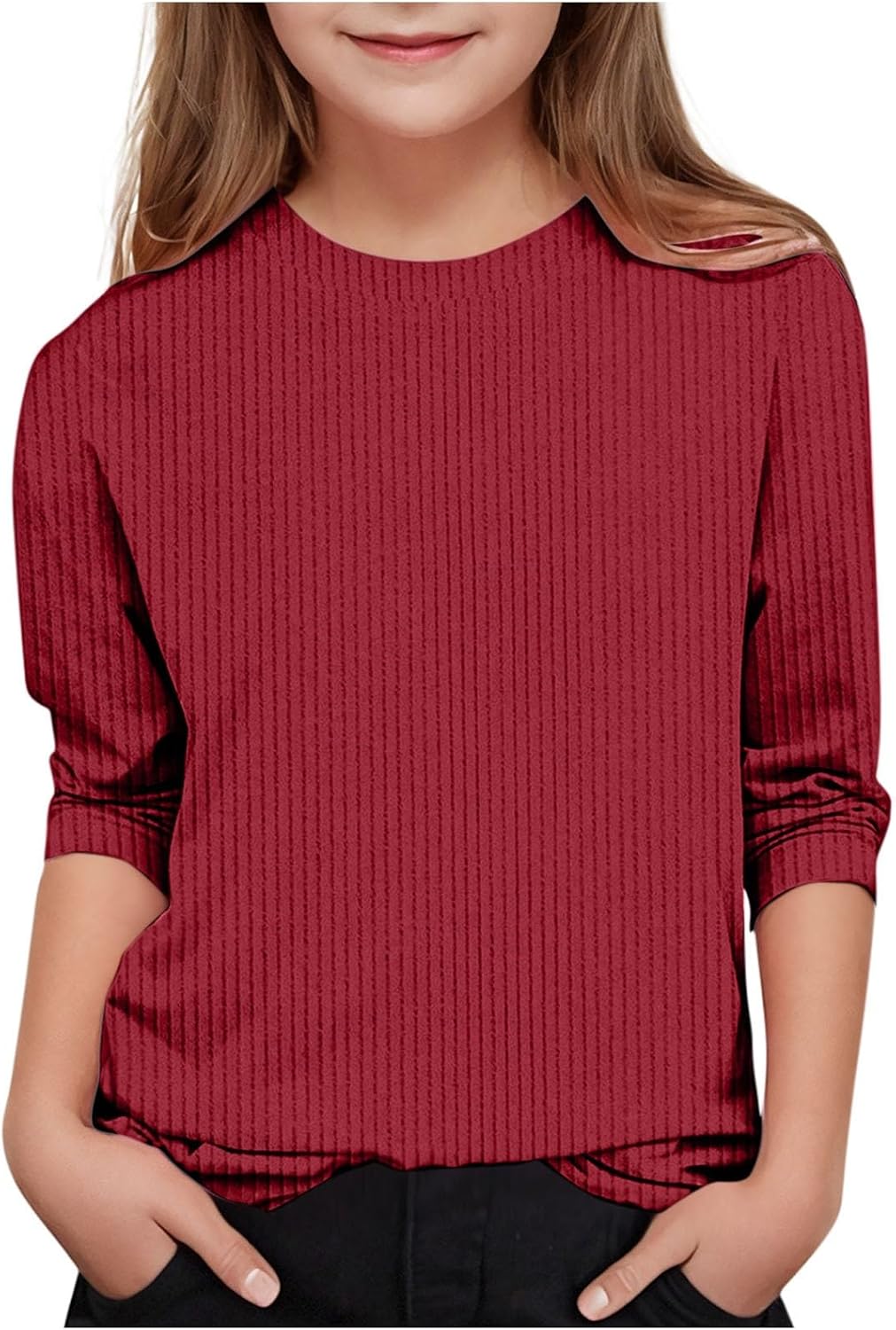 Girls Soft Ribbed Knit Crewneck Long Sleeve Pullover Top