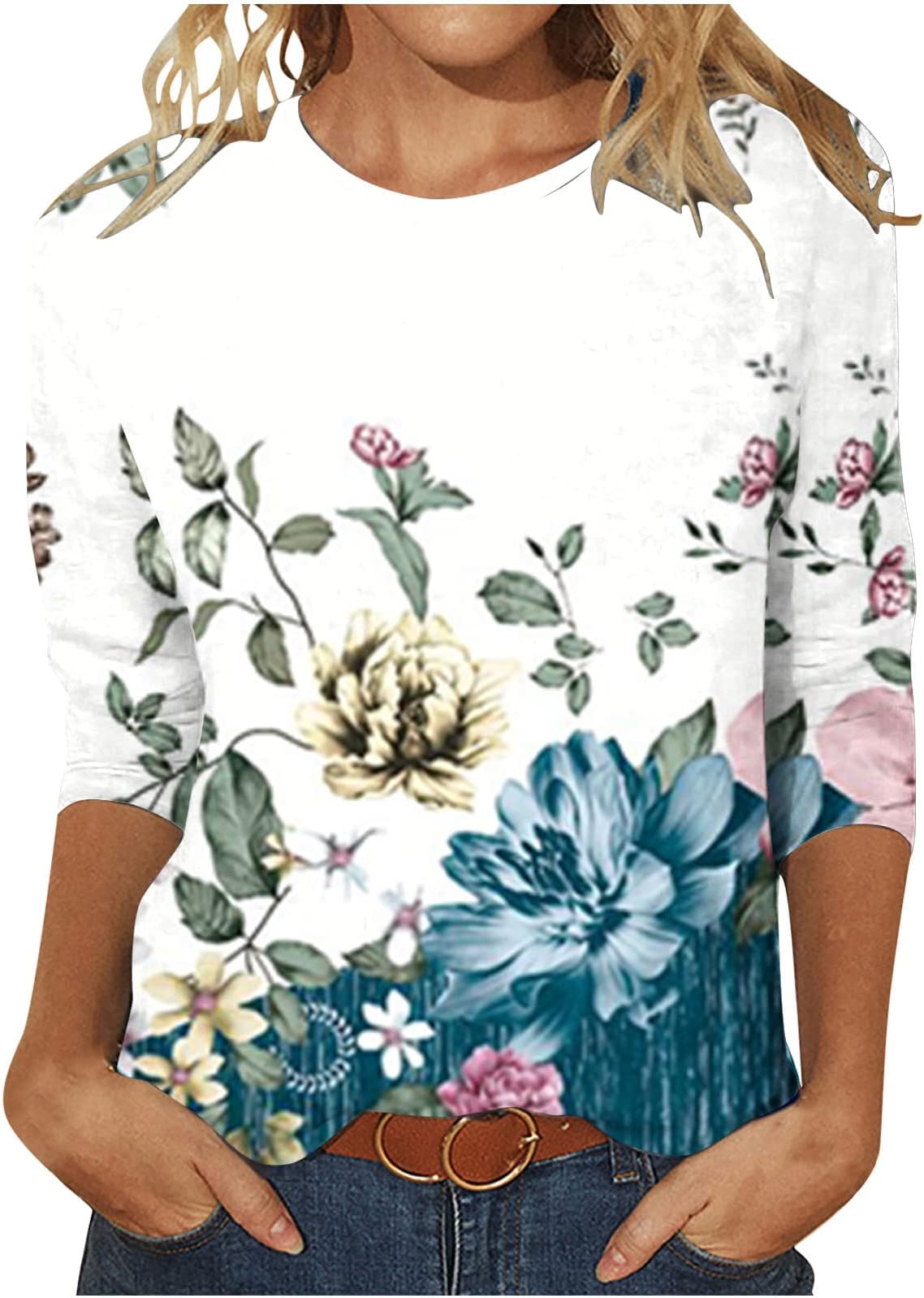 3/4 Length Sleeve Womens Crew Neck Button Down Casual T Shirts Women'S Long Sleeve T-Shirts Dressy Loose Tunic Tops