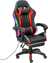Baroni Home Ergonomic Gaming Chair with Lumbar Cushion, Adjustable LED Lights and Extendable Footrest, Office Chair with Reclining Backrest and Adjustable Height, Red, 68 x 66 x 125-133 cm