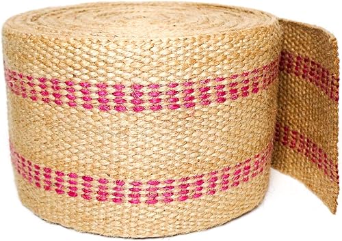 Miniatura 3 de TapiceríaCinta de yute artesanal (arpillera) 3.5 pulgadas X 10 yardas, natural con rayas rojas