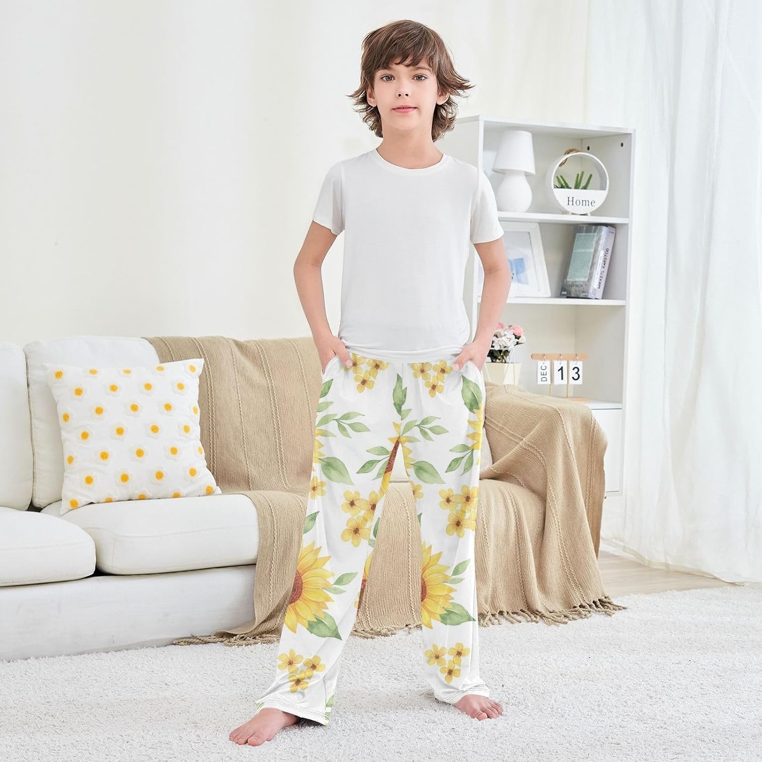 Yellow Sunflower Watercolor Pajama Pants Soft Modal Stretch Sleepwear with Pockets and Elastic Waist