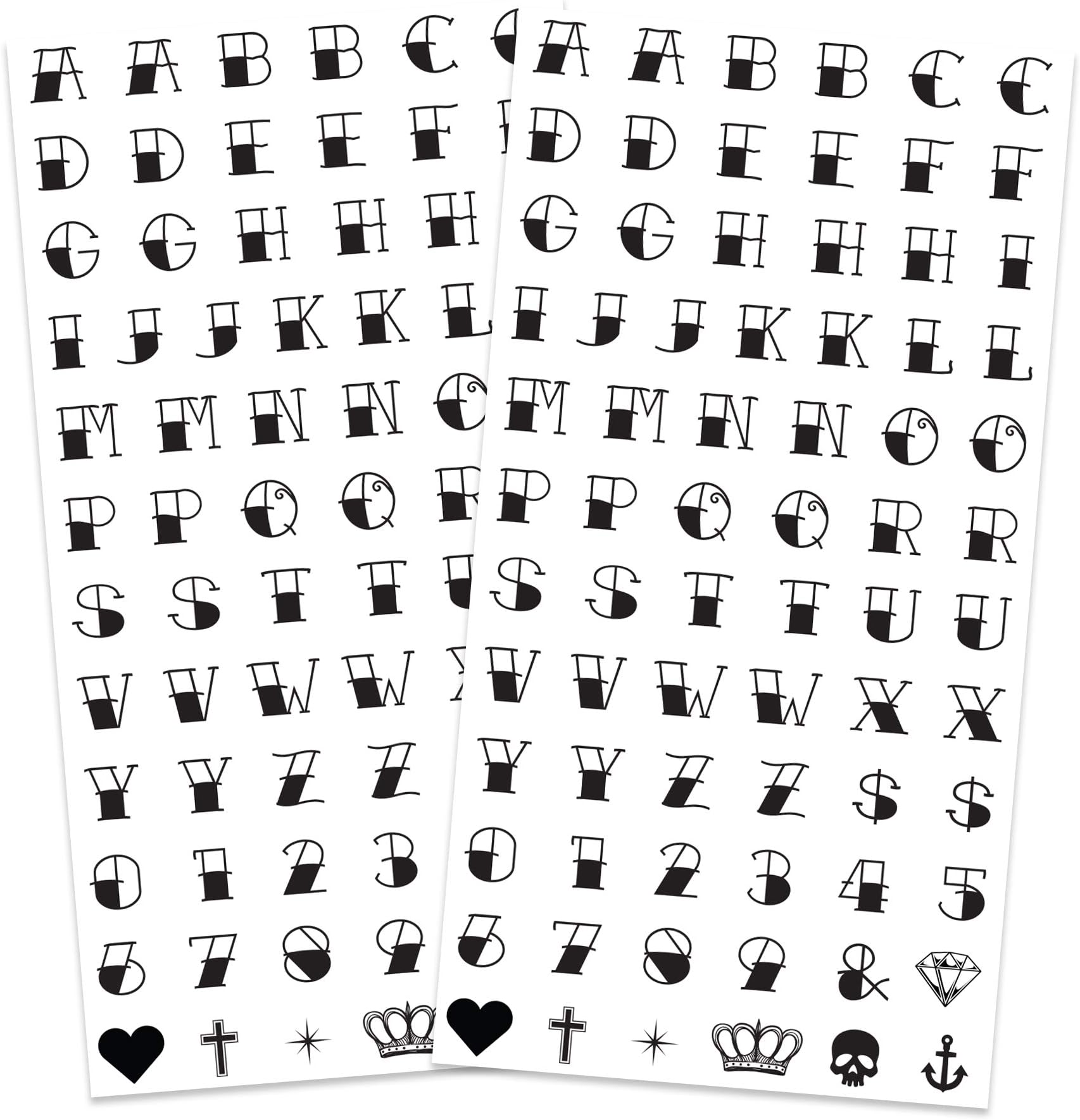 Fashiontats Traditional Knuckle Letters Temporary Tattoos (2-Pack)| Sailor Jerry Alphabet Numbers & Symbols | Skin Safe | MADE IN THE USA | Removable