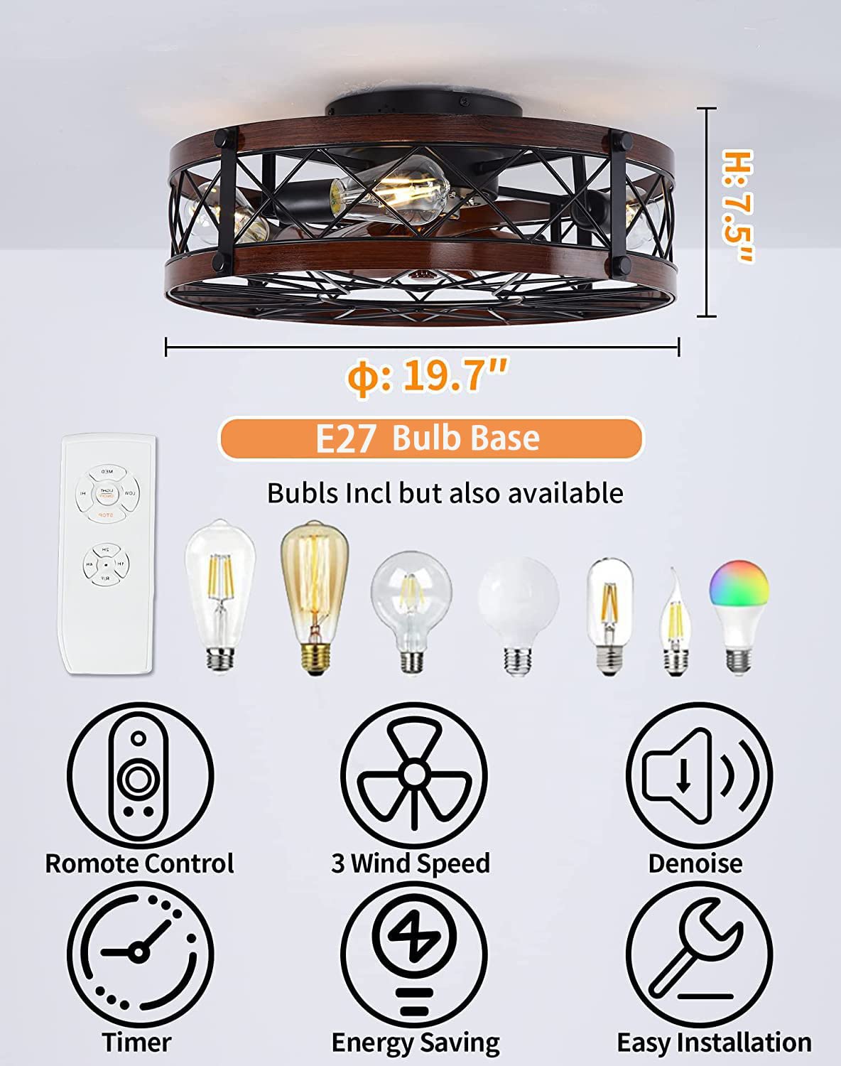 Ventilatore da soffitto Silenzioso con Luce e Telecomando E27 Retrò Fan Plafoniera Vintage Lampadario Bambù E Rattan Intrecciato Lampada a soffitto per Camera da letto Soggiorno Cucina Illuminazione