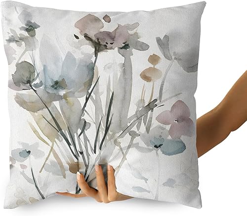 Miniatura 4 de Snycler Juego de 2 fundas de almohada de color marrón, crema, gris, verde azulado, floral, acuarela, para sofá, rústico, abstracto, moderno,