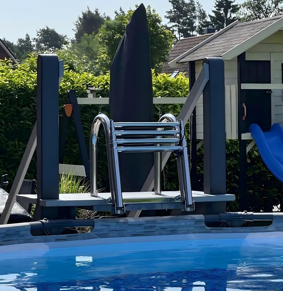 Scala per Piscina e Barca Inox 316 Pieghevole 4 Gradini | Gradini Antiscivolo, Con Corrimano, Profondità 100-150 cm, Resistente alla Ruggine, Per Piscine Fuori Terra e Barche