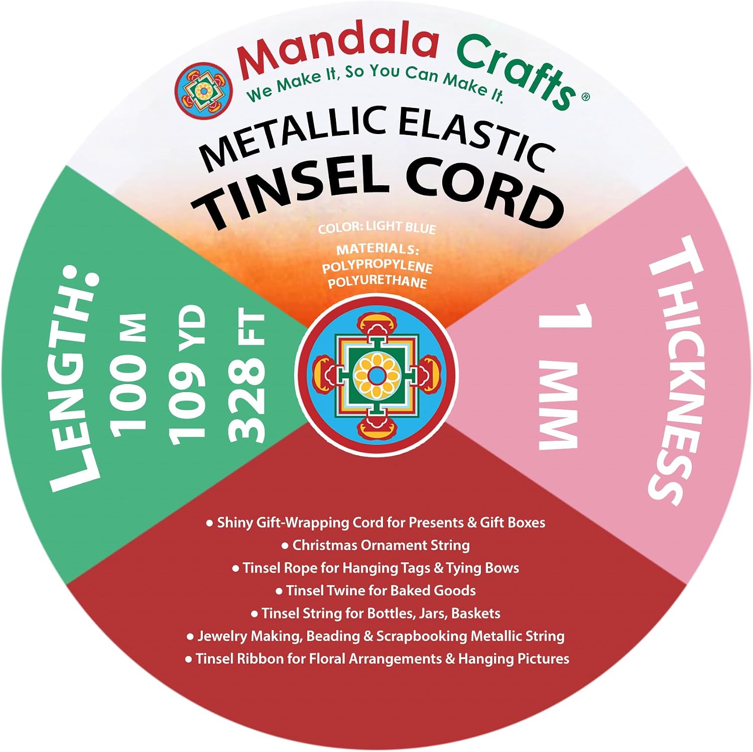 Mandala Crafts 1mm Metallic Cord Tinsel Elastic Rope for Gift Wrapping - Light Blue Cord Stretch Wrapping Ribbon - 109 Yds Light Blue Strings for Ornaments