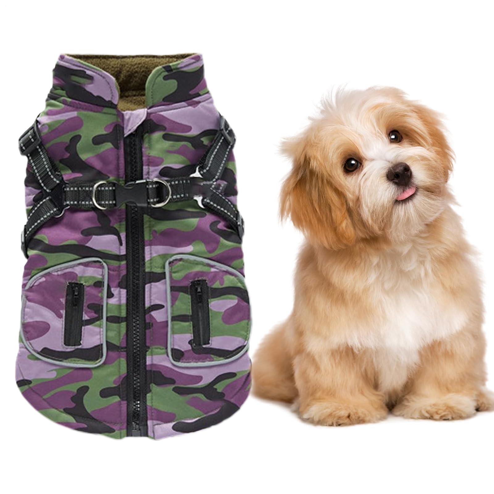 Dog Cold Weather Coat Built-in Harness Dog Vest, Back Zipper, Reflective