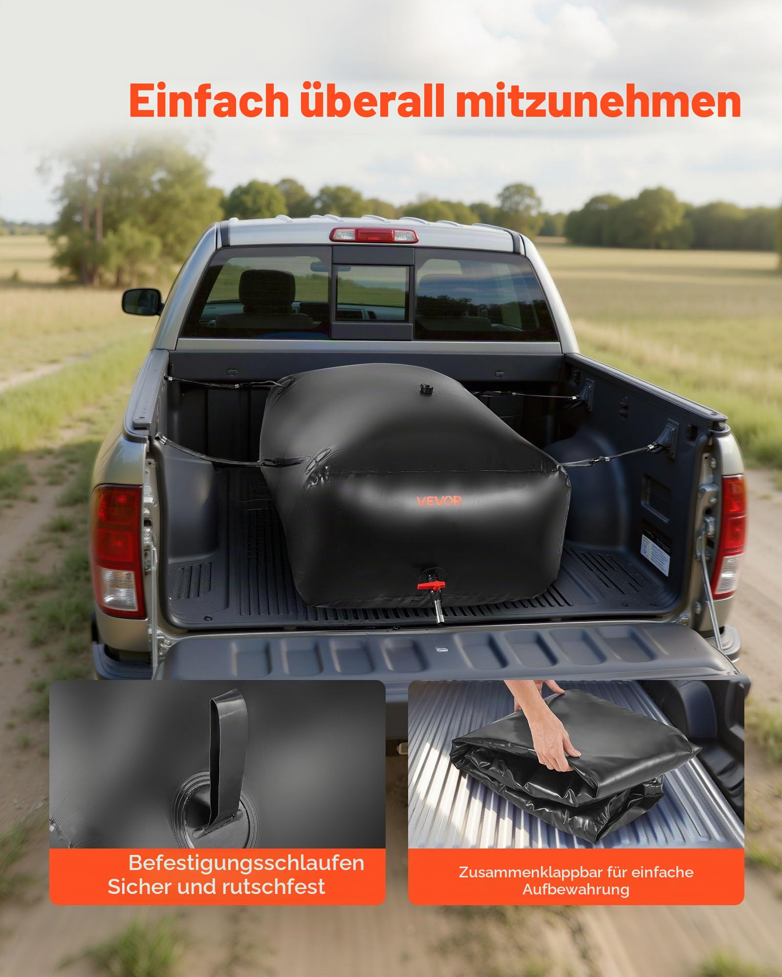 VEVOR Wasserspeicherblase, 540 L PVC-Weichwasserbeutel, Wasserspeicherbehälter, auslaufsicherer & verschleißfester Wassertank für die Outdoor-Bewässerung von Wohnmobil, LKW, Notfall