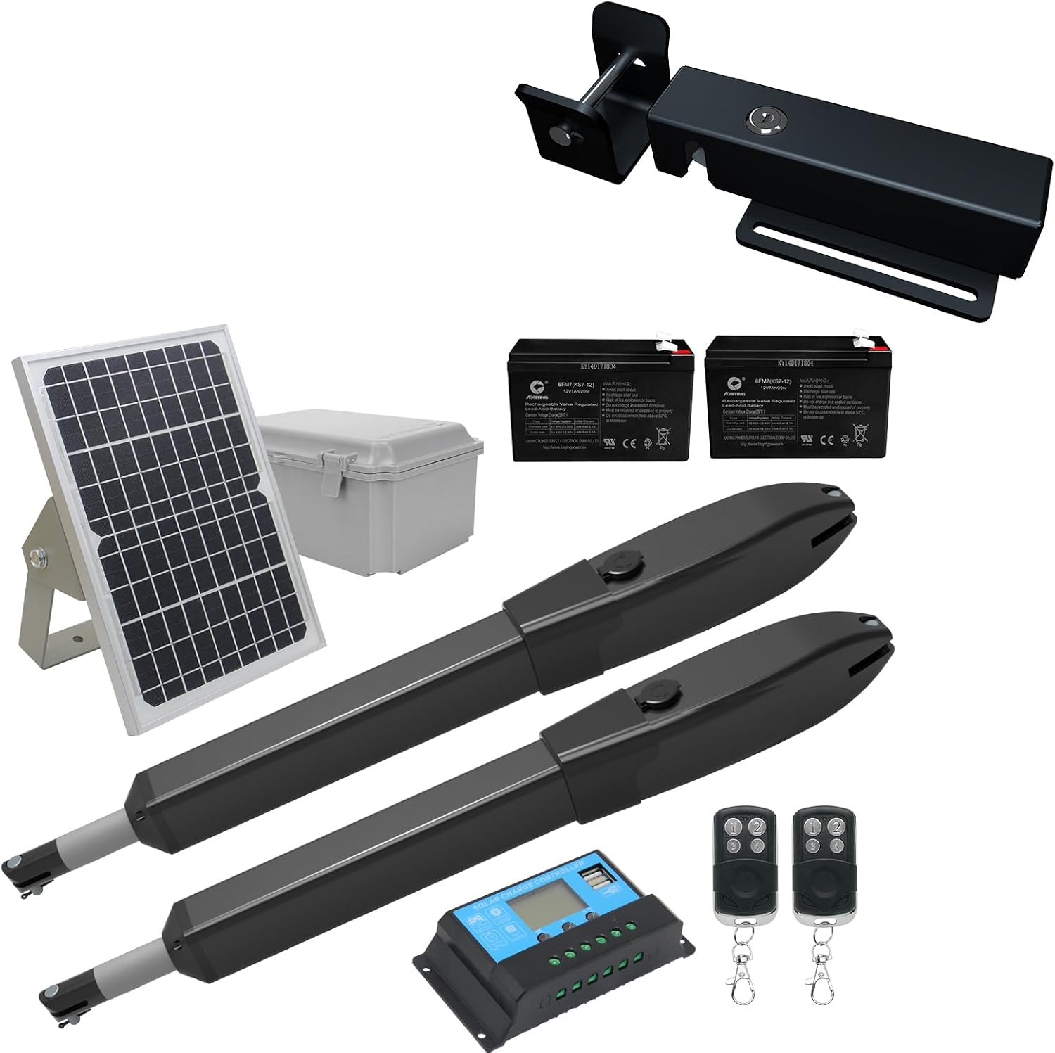 JUJIANG PKM-C026 Solar Gate Opener with Batteries & Solar Panel + Electric Gate Lock for Dual Swing Gates Up to 770lb per Arm Automatic Gate Openers with Remote Complete Kit Medium Duty