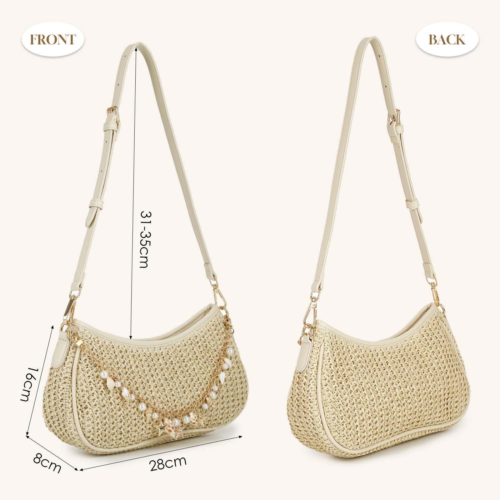 Fecialy Borsa a tracolla in paglia da donna, in stile bohémien, con perline, pochette estiva in rafia