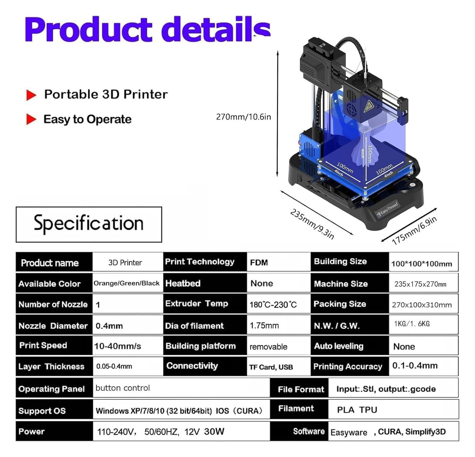 Mini stampante 3D portatile for principianti e studenti - Area di stampa 100x100x100 mm, completamente open source, funzionamento silenzioso.(Black)