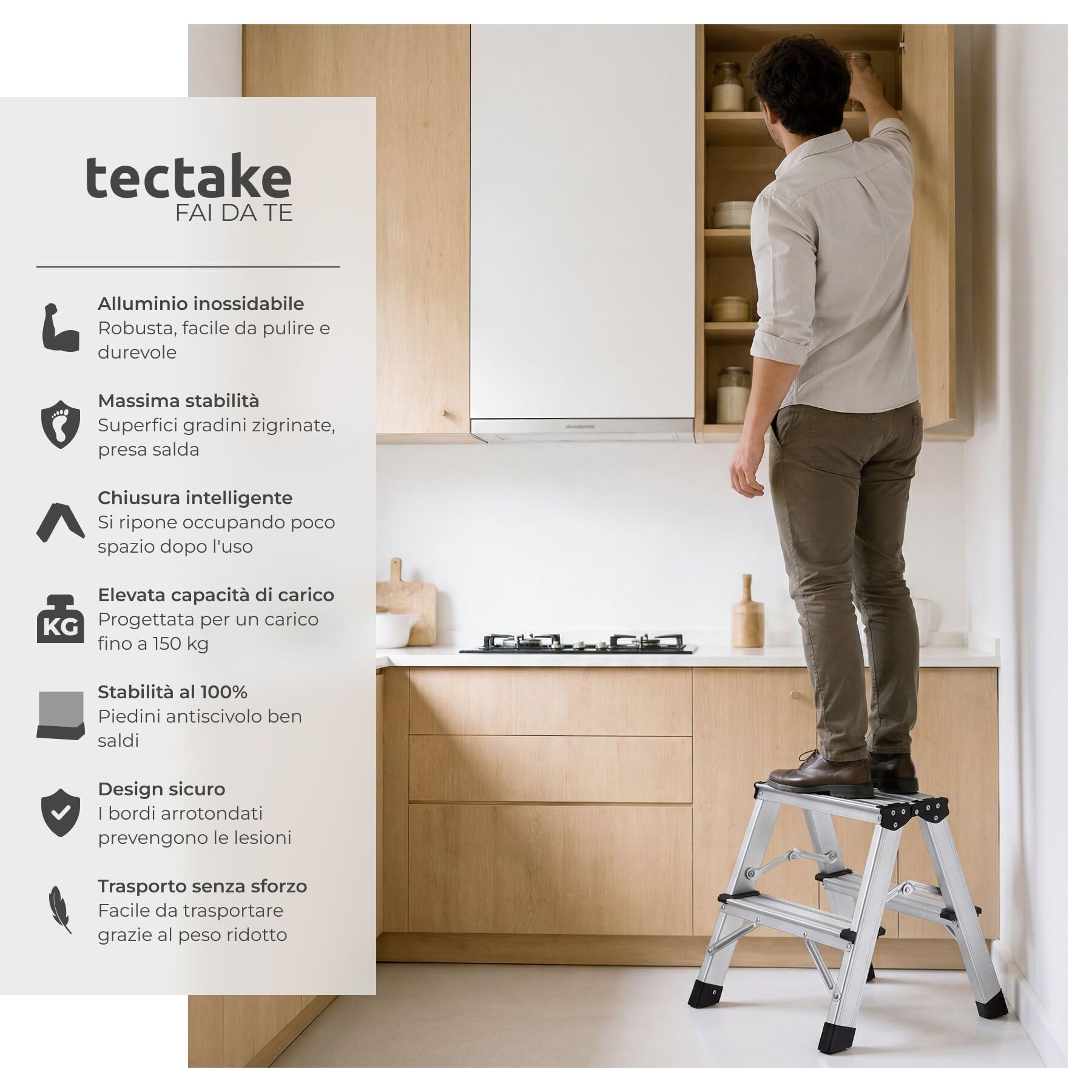 tectake® Scaletta Pieghevole in Alluminio Doppia, Scala 3 Gradini Antiscivolo, Scaletta Multiuso Salvaspazio con Doppia Salita, Scala per Casa Leggera, Piedini in Gomma, Antiscivolo, Portata 150 kg