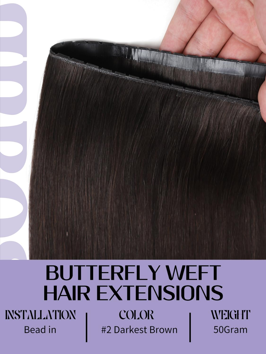 Anrosa Butterfly Weft Hair Extensions Human Hair Invisible OVO Double Weft Human Hair Extensions Real Hair Dark Brown Color 16 Inch 50G