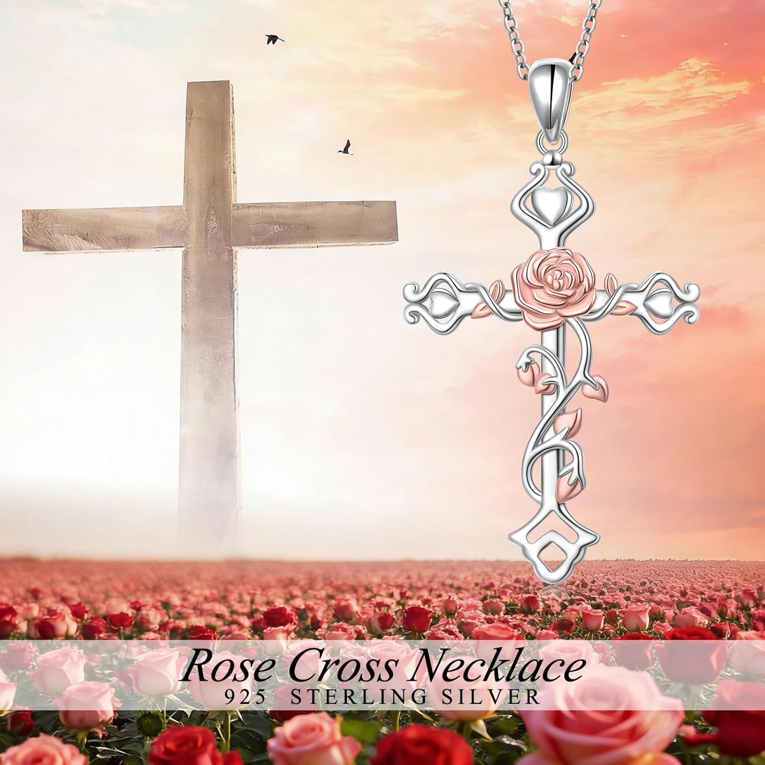 S925 Sterling Silver Rose Cross Necklace for Women Jewelry Gifts for Mother Wife on Christmas Birthday Valentine's Day
