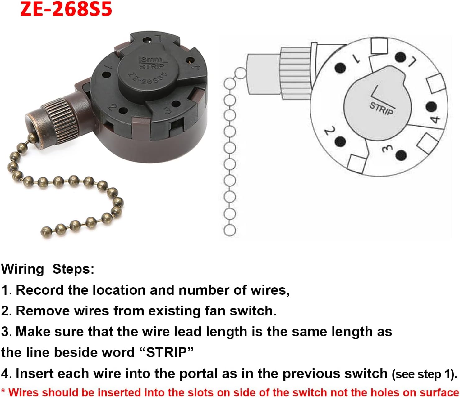 ZE-268S5 Ceiling Fan 4-Speed 5-Wire Pull Chain Switch Replacement Parts - Bronze Chain