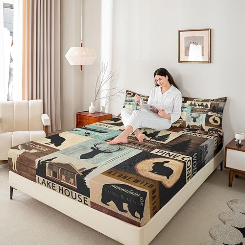 Miniatura 7 de Sábana bajera ajustable de animales de caza, diseño rústico, oso zorro, ciervo, alce, juego de sábanas de pesca para casa de campo, cabaña de campo,