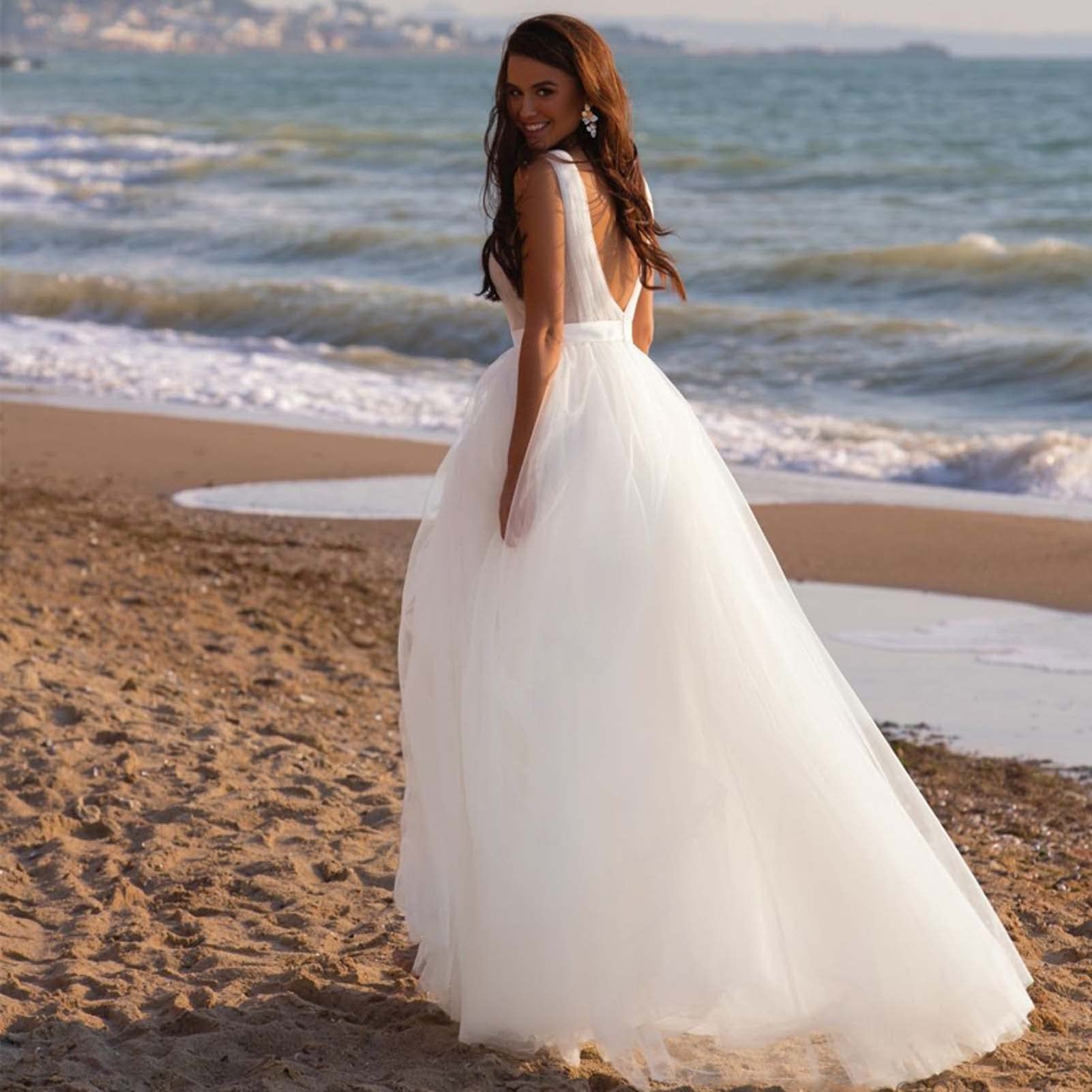 Vestido de Novia de Playa de Bodas, Sirena sin Mangas, Vestido de Doble Cuello en V