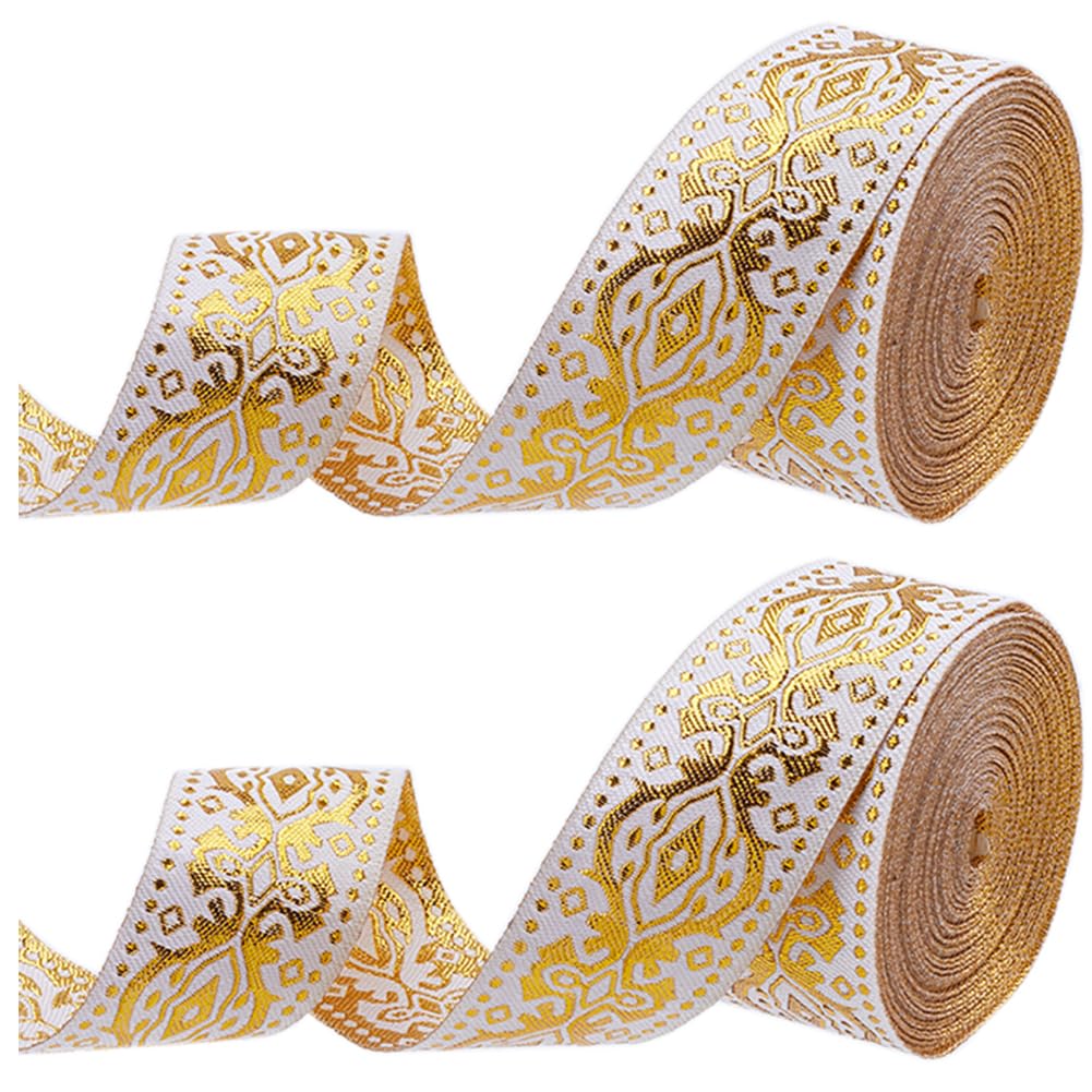 Ruban Satin Brodé Ethnique - Rouleau 14m X 3,3cm - Motif Floral Doré Double Face
