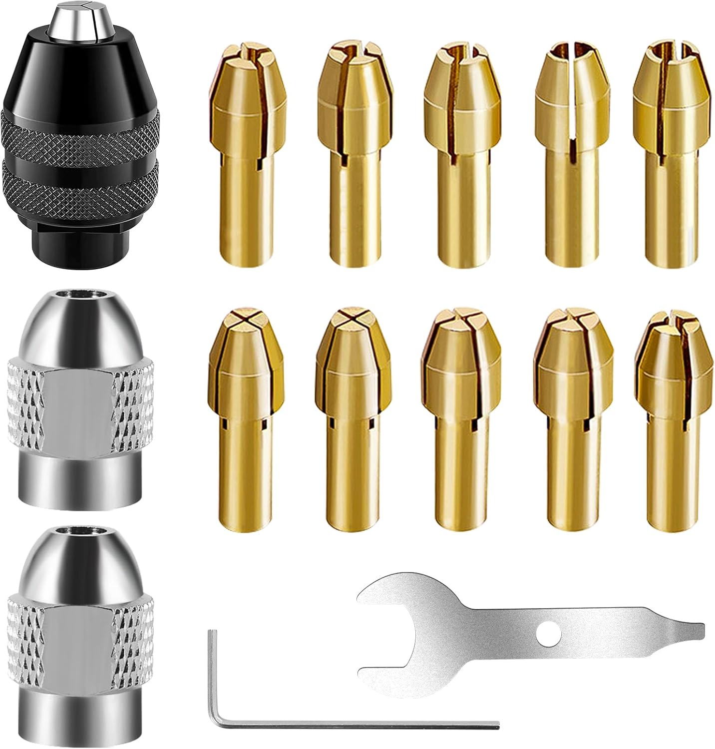 Drill Chuck Collet Set, 15 PCS Collet Nut Kit 1/32" to 1/8" Replacement 4486 Drill, with Replacement 4485 Brass Quick Change Rotary Drill Nut Tool Set