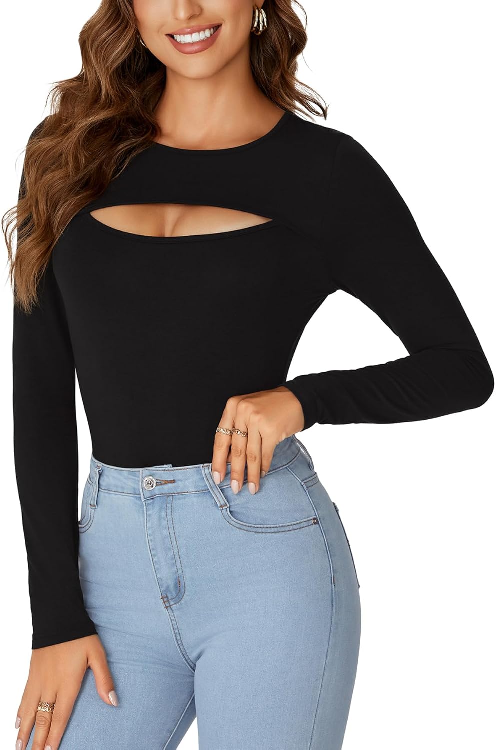 Vrtige Women's Long Sleeve Top Cut Out Front Fitted Sexy Cute Casual Tops Tee Dressy T-Shirt - Image 3