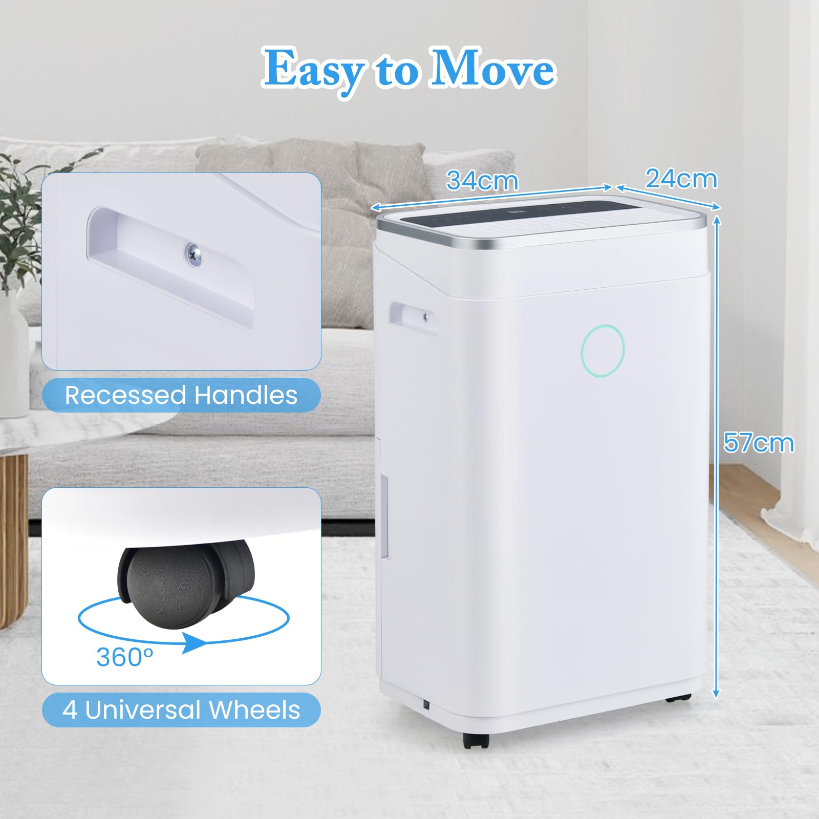 FANTASK Deumidificatore mobile 25/giorno, deumidificatore 3 modalità, deumidificatore con serbatoio dell'acqua da 6,5 l, bianco