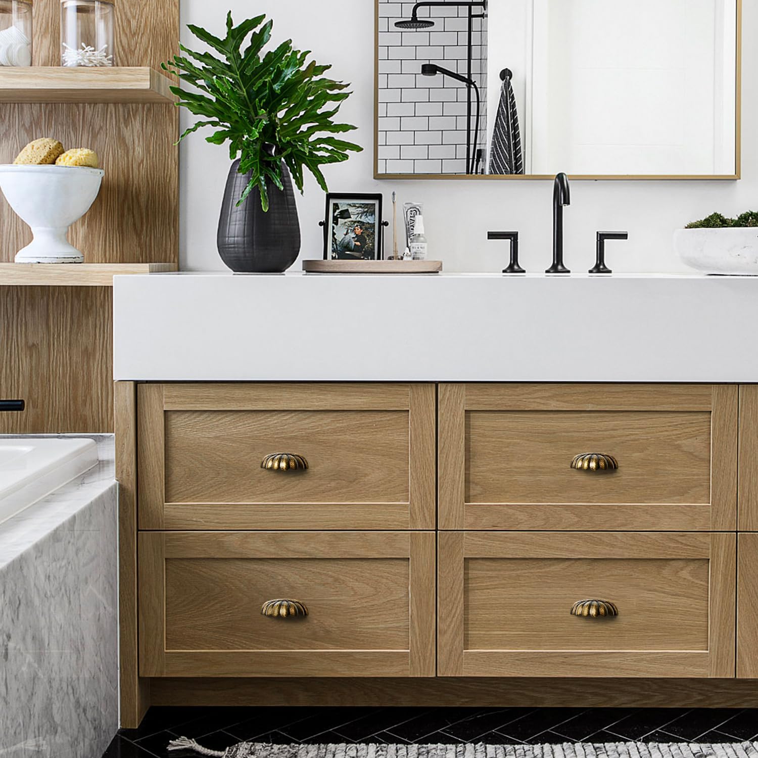 6 Pack 2-1/2 Inch Hole Centre Shell Shape Knob Cabinet Kitchen Drawer Dresser Hardware Pull Vintage Copper Bronze Knobs, Antique Brass