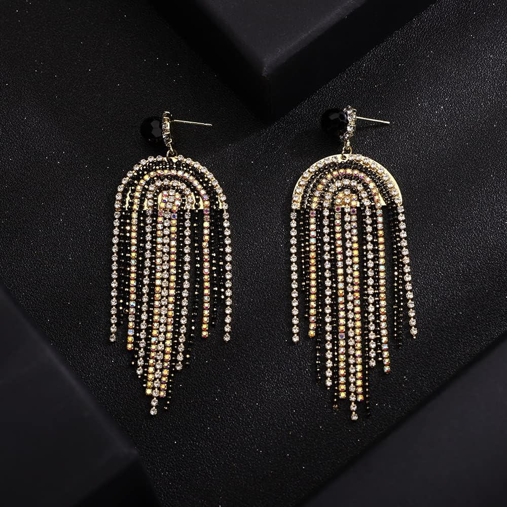 Kercisbeauty Black Rhinestones Beads Gold Chandelier Earrings Fringe Dangle Drop Jewelry for Women Vintage Wedding Bridal Jewelry (Black 1) - Image 5