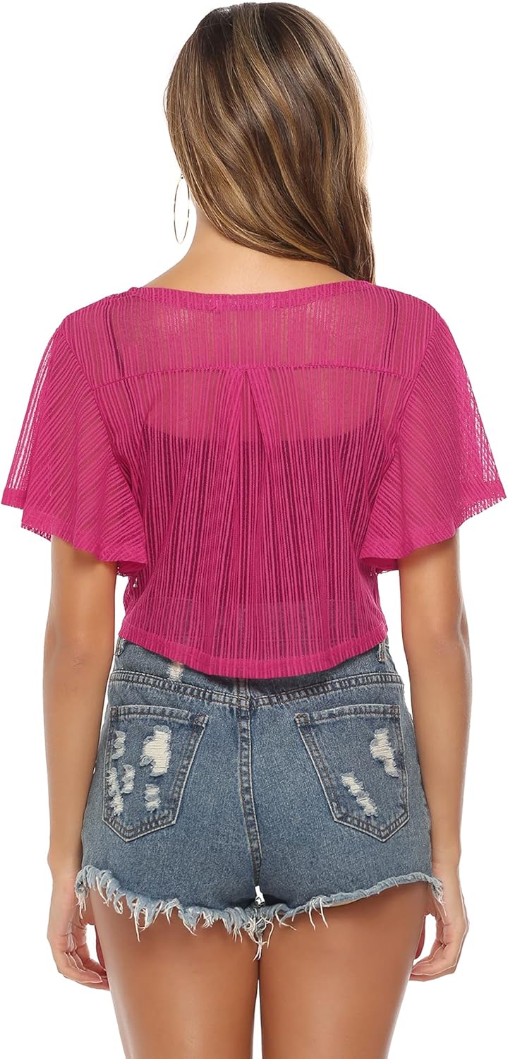 iClosam Women Tie Front Chiffon Shrug Short Sleeve Cropped Sheer Bolero Shrug Cardigan - Image 5