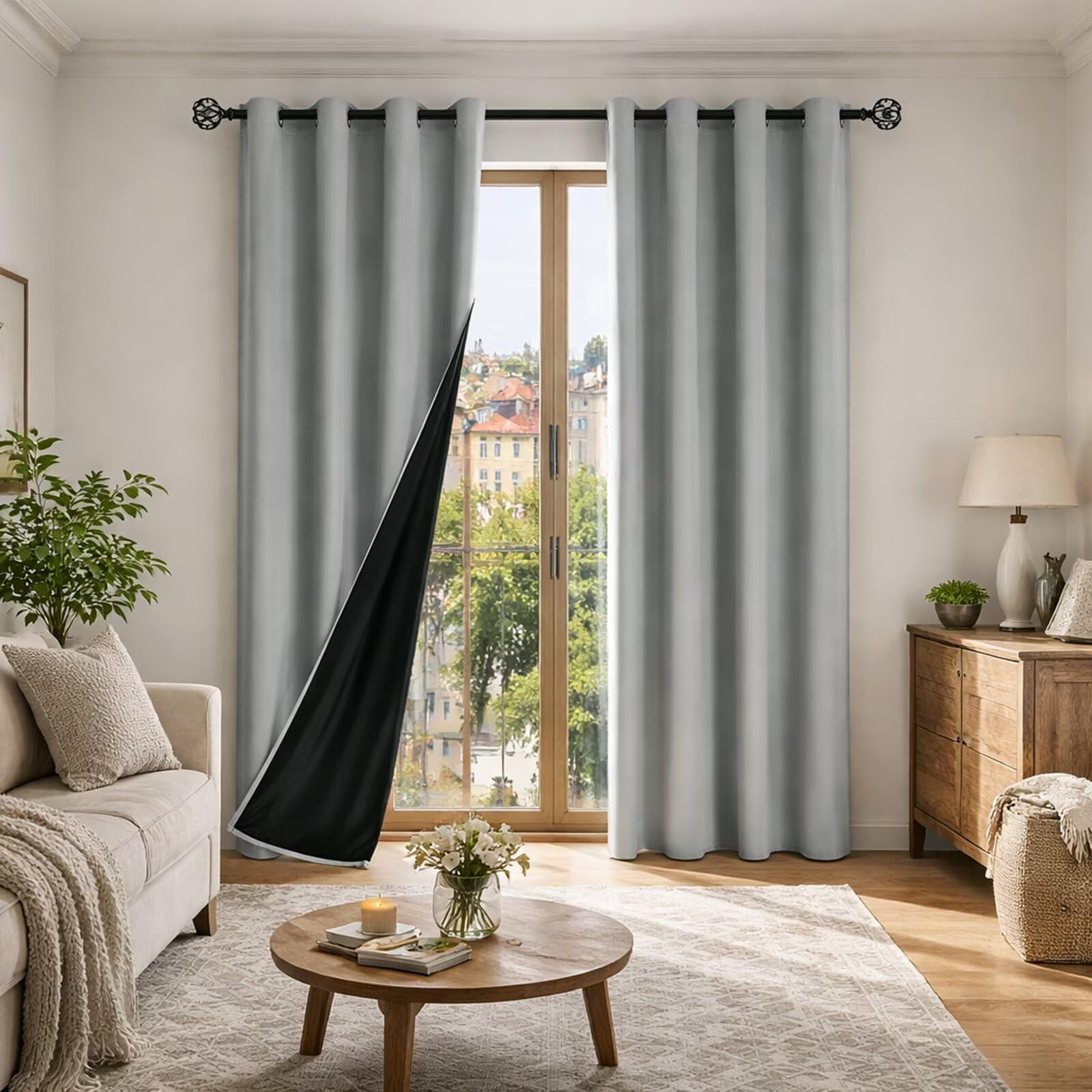 SSWH Rideau Occultant avec Œillets, Rideaux Thermique Isolant Anti UV, Rideau Chambre Couleur Unie avec Doublure Noire (Gris Clair, 90 x 200 cm)