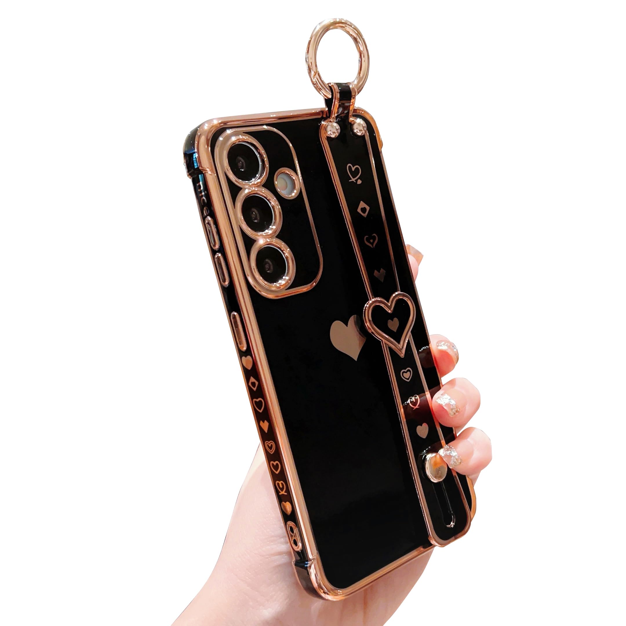 DEFBSC Compatible with Samsung Galaxy A15 4G/5G Case, Electroplated Edge Love Heart Case with Wrist Strap, Full Camera Protection Raised Reinforced Corners Shockproof Soft TPU Cover, Black
