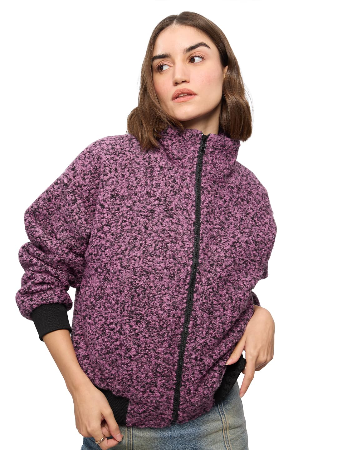The Souled Store Oversized Jacket: Carmine Women and Girls Long Sleeves Stand Collar Zipper Front Acrylic Oversized Jackets in neutral