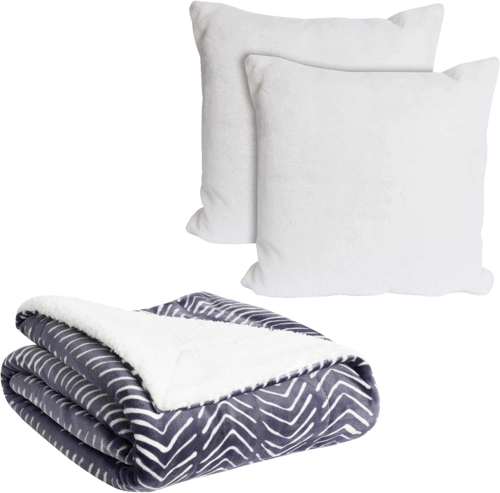 LIFE COMFORT Ultimate Sherpa Throw 50x70 (Blue Geometric) and 2 Pack Faux Fur Decorative Pillow Covers 20x20 (White) Bundle