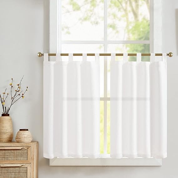 jinchan White Kitchen Curtains 24 Inch Linen Textured Tier Curtains Tab Top Cafe