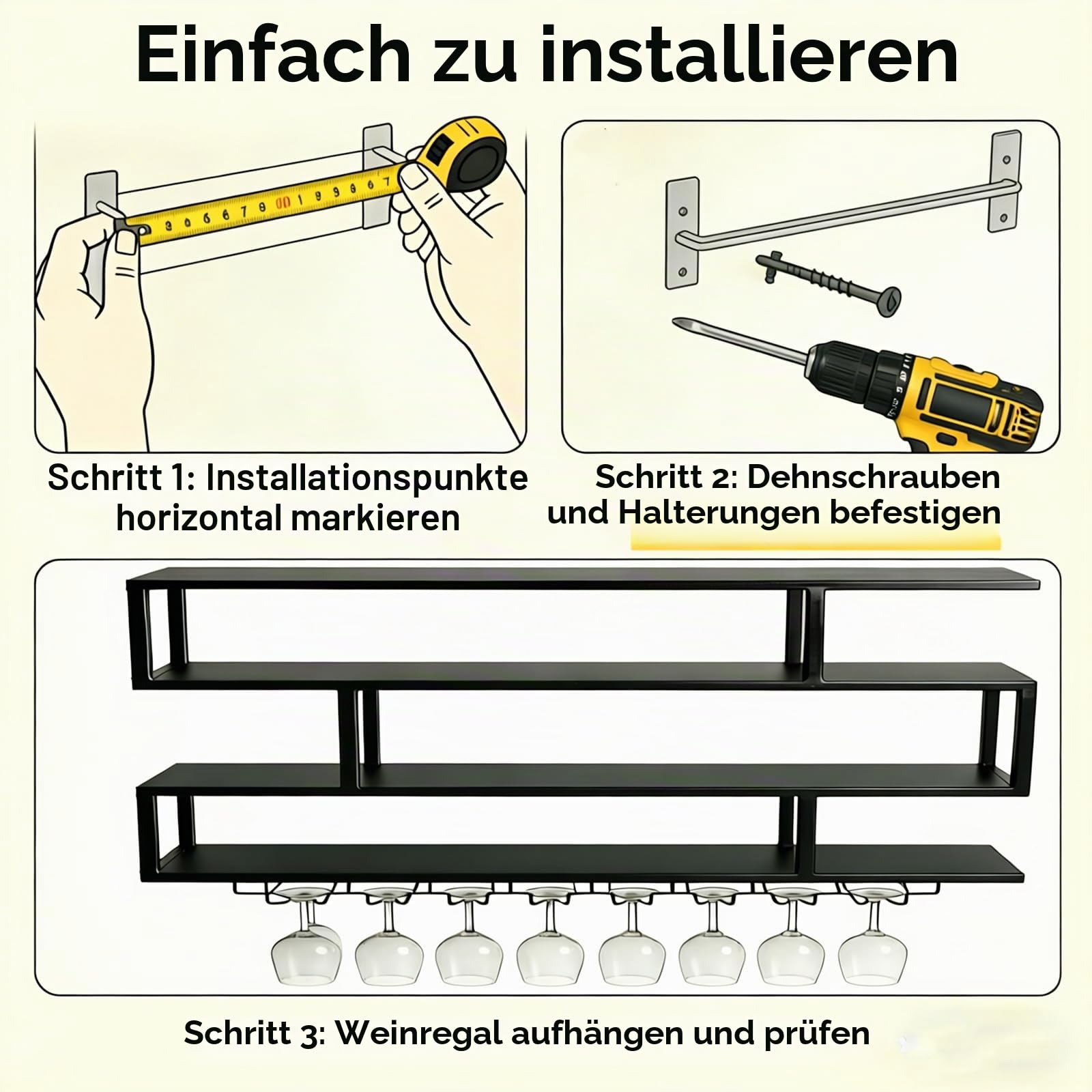 Wand-Weinregal aus Metall mit Glashalter – wandmontiert, modernes Design, platzsparend für Bar, Wohnzimmer & Restaurant (Schwarz, 120CM)