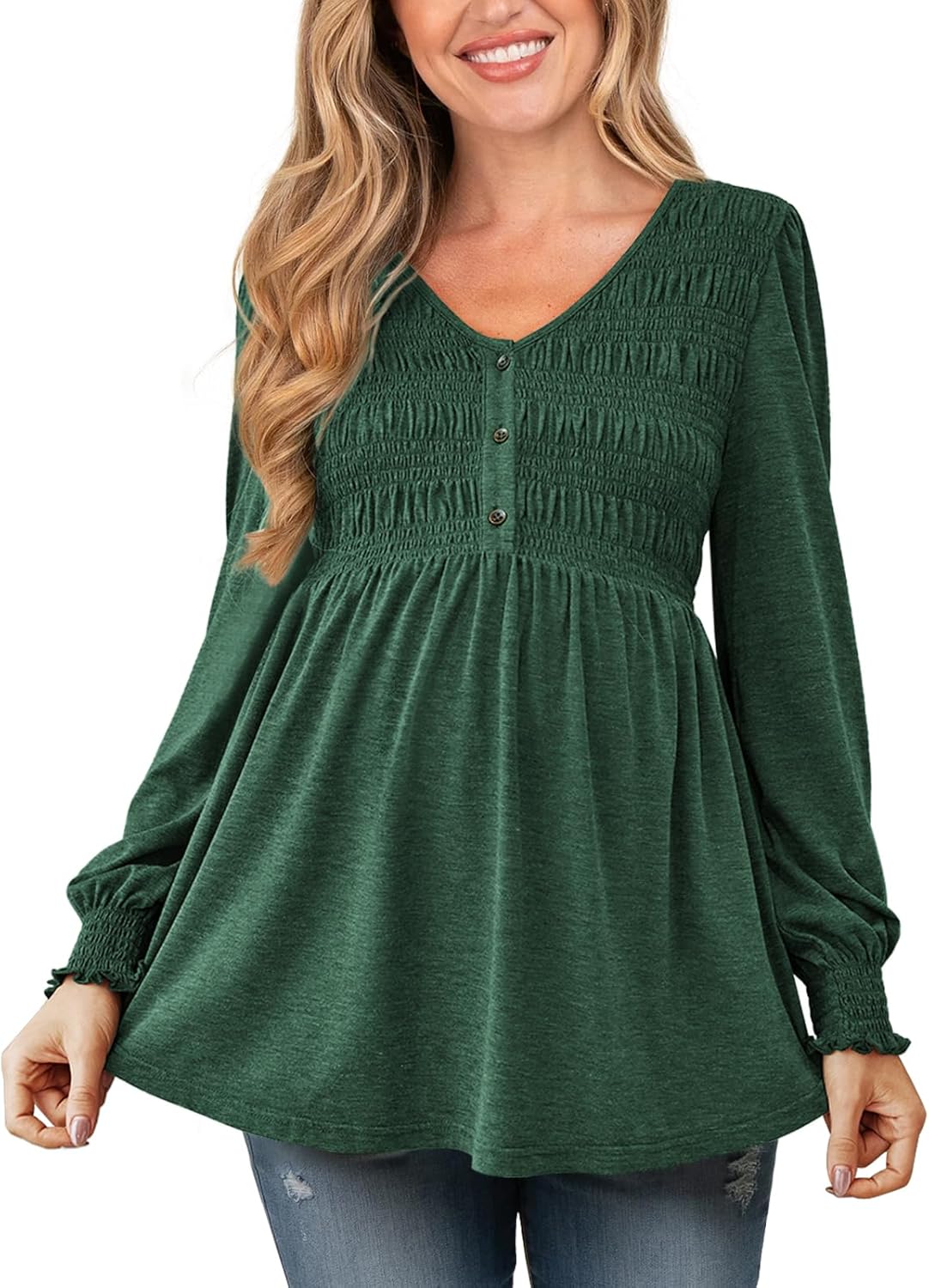 Women's Maternity Shirts V Neck Long Puff Sleeve Babydoll Top Casual Smocked Ruched Pregnancy Top with Button