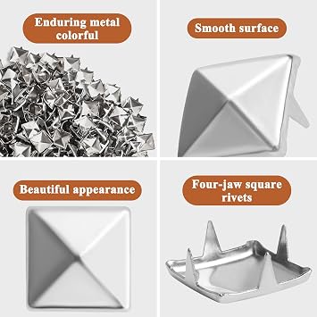 SBYURE 1000 Pcs 10 mm Pyramid Studs Silver Studs,Studs for Clothing Four-jaw Square Spikes for Crafts Leather Jacket Bag